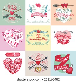 Wedding day,love,romantic invitations cards collection.Labels,ribbon,swirls,arrows,headline.Cute Doodle hand drawing decor set.Vintage vector,retro.Valentines day