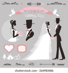 Wedding decor set.Bride,groom Flat silhouette,portrait.Bridal dress,Swirling borders, ribbon,icons,label.Retro Invitation Design template kit.Vintage Vector,simple, fashion