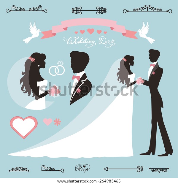 Wedding decor\
set.Bride,groom Flat silhouette,portrait.Bridal dress,Swirling\
borders, ribbon,label.Invitation Design template kit.Vintage\
Vector,simple, fashion