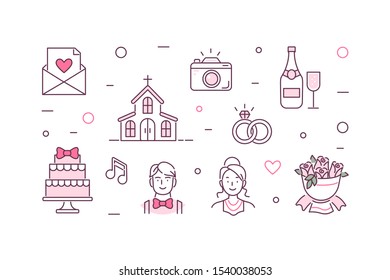 Wedding Decoration Elements. Celebration Objects Collection for Wedding Party. Bride and Groom Couple, Rings, Cake. Marriage Concept. Flat Cartoon Illustration and Line Icons set.