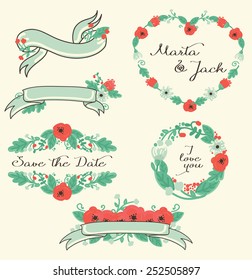 wedding decoration elements, floral graphic set, vector illustration