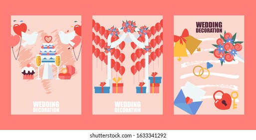 Wedding decoration service company banners, vector illustration. Flat style wedding symbols, gift boxes, cake, doves and rings. Event organisation company booklet cover, brochure template design