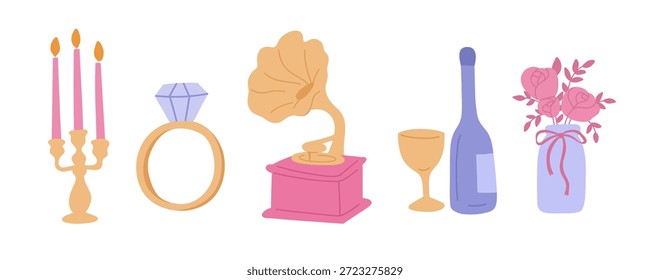 Conjunto de decoración de Boda. Ilustraciones vectoriales de velas, gramófono, botella de vino y flores.