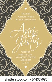 Wedding decorative design invitation card on the weave field and figured frame with words about date, hour and place of wedding celebration vector illustration