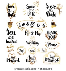 Wedding decorative lettering set. Hand drawn vector typography design Save the Date collection. Golden color graphics elements for invitations.