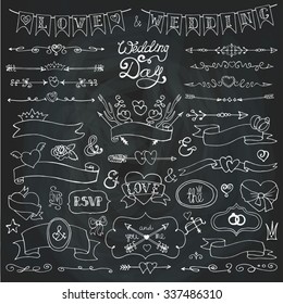 Wedding decor.Doodles Swirling borders,badges and arrow,Hand drawing ribbons,hearts and garland.Love elements.Design template,invitation,Valentine day,holiday,Easter,birthday.Vintage Vector.Chalkboard