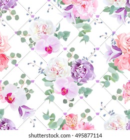 Wedding delicate seamless vector print in purple, pink and white tones. Peony, alstroemeria lily, violet carnation, rose, campanula, orchid, eucalyptus. Simple backdrop with diagonal lines and crowns