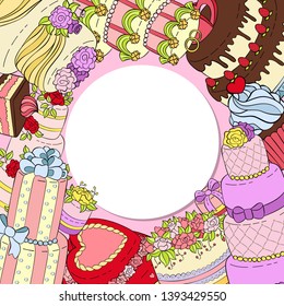 Wedding delicious cake round pattern vector illustration. Chocolate and fruity desserts for sweet shop with fresh and tasty cupcakes, cakes, whipped cream, glaze and sprinkles.