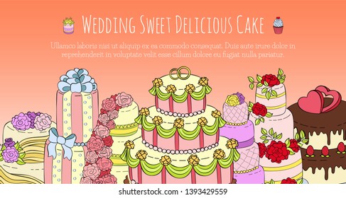Wedding delicious cake set of banners vector illustration. Chocolate and fruity desserts for sweet shop with fresh and tasty cupcakes, cakes, pudding, biscuits, whipped cream, glaze and sprinkles.