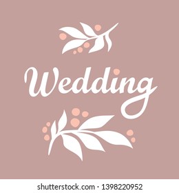 Wedding design element, white branches leaves with peach berries on pastel pink background. dusty pink wedding style. for your creativity, scrapbooking, print, invitation, postcard, save the date.