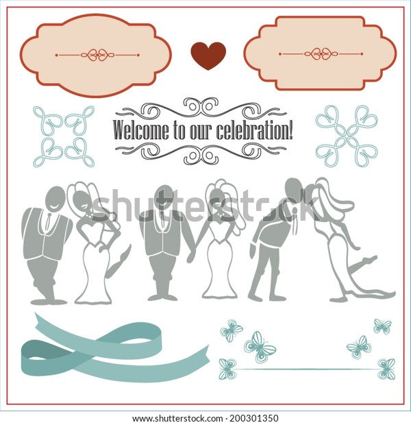 Wedding design elements with bride and groom\
silhouette and labels, ribbons and typographic design isolated on\
white background