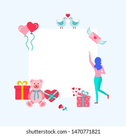 Wedding design elements for invitation. Valentine s day, wedding, birthday, romantic date background with flat icons. Place for text. Can use for Greeting Card, Invitation or Holiday Poster. Vector.