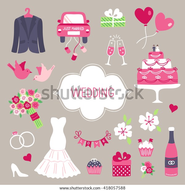 Wedding design elements. Smoking, car with cans,
gift, balloon, dove, big cake, bouquet with roses, flowers,
engagement rings, female shoe, cupcake, wedding dress, garland,
champagne bottle,
glasses