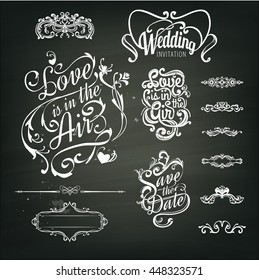 Wedding design elements, vintage set on chalkboard background