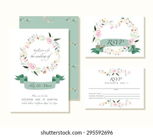 Wedding design template. Floral decoration style vector illustration of invitation with flower wreaths, ribbons and text. 