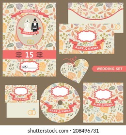 The wedding design template set with bridal dress,groom coat.Cute pattern with wedding symbols.Wedding  invitation, postcard,envelope,cover,CD,tag.The vector.