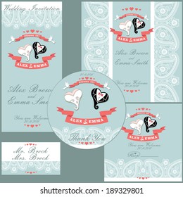 The wedding design template set with cartoon wedding hearts in Retro style 