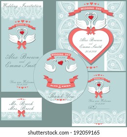 The wedding design template set with cartoon wedding lace Paisley motiv in Retro style with vignettes, ribbon, swans,label,bow.Wedding  invitation,postcard,CD cover,hanksgiving.The vector.