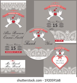 The wedding design template set with cartoon wedding lace  Paisley motiv in Retro style with vignettes, ribbon, pigeons, label,bow.Wedding  invitation,postcard,CD cover,hanksgiving.The vector.