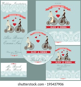 The wedding design template set with cartoon bride and groom in Retro bicycle with vignettes, ribbon, Imitation Paisley lace.Wedding  invitation, postcard,cover,CD.The vector.