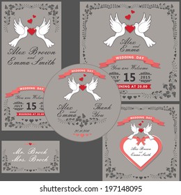The wedding design template set with cartoon pigeons, Floralframe and vignettes, ribbon,   , label in Retro style.For Wedding  invitation, postcard,  CD cover, photo cover , thanksgiving.The vector.