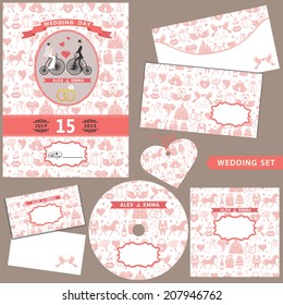 The wedding design template set with cartoon bride and groom on Retro bicycle