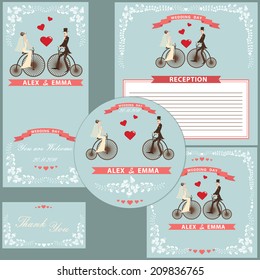 Wedding design template set with cartoon bride and groom in retro bicycle.Floral frame,heart label.For Wedding  invitation, postcard,  CD cover,thanksgiving.The vector.