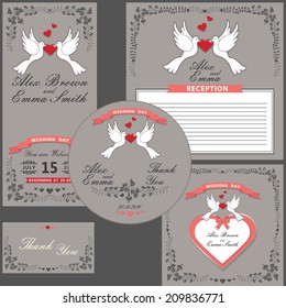 Wedding design template set with cartoon pigeons, Floral elements in Retro style and vignettes, ribbon, Floral frame,heart label.For Wedding  invitation, postcard,  CD cover,thanksgiving.The vector.