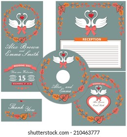 Wedding design template set with cartoon Swans,autumn leaves , ribbon, heart label.For Wedding  invitation,card,  CD cover.Vector.