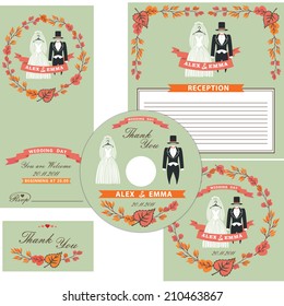 Wedding design template set with cartoon Wedding wear,autumn leaves elements  ,ribbon.For Wedding  invitation, card,  CD cover,thanksgiving.Vector.