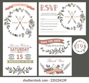 The wedding design template set with cartoon flowers wreath,ribbon,border in Retro style .For Wedding  invitation,thank you,save date,numbers,RSVP card.Vintage vector.
