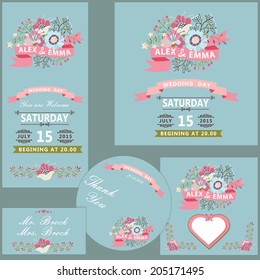 The wedding design template set with Floral items in Retro style Vignettes, ribbon,  Flowers, label in Retro style.For Wedding  invitation, postcard,  CD cover, photocover , thanksgiving.The vector.