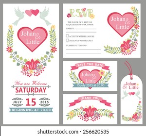 Wedding design template set with flowers,frame,ribbon,border in Retro style .For Wedding  invitation,thank you,save date,tag,RSVP card.Vintage vector,floral decor.