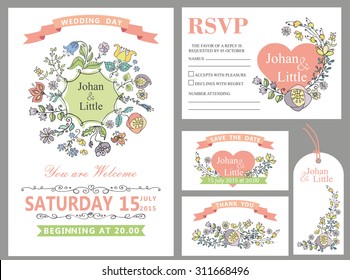 Wedding design template set with flowers,pink hearts,frame,ribbon,border in Retro style .For invitation,thank you,save date,tag,RSVP card.Vintage vector,cute floral decor.Pastel colors