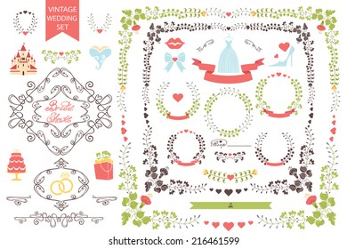 Wedding Design Template Set  In Retro Style.Floral Decor,icons, Swirling Border.Set For Bride.For Wedding,bridal Shower,Valentine Day Invitation, Greeting Card, Cover.Festive Celebration Vector.