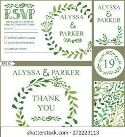 Wedding design template set.Watercolor green branches wreath.Decorative hand drawing floral decor,swirling border.Vector vintage Thank you,RSVP,number,invitation card