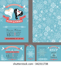 Wedding design template set.Winter,Christmas season.Bride and groom heart,snowflakes ornament,ribbon,pigeons.Flat  people .Holiday,New year invitation,save date,RSVP,tag. Vector Illustration