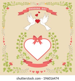 Wedding design template.Floral frame with hearts label, pigeons and ribbon. For invitation, card,cover,album.Vector illustration.Retro style,vintage.