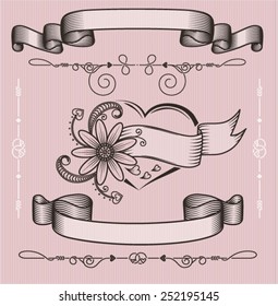Wedding design template.Floral frame with hearts label and ribbon. For invitation, card,cover,album.Vector illustration.Retro style,vintage.
