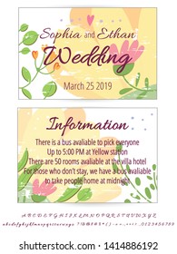 Wedding design vector concept Invitation, cute card, banner, poster, badge. Hand drawn elements. Floral elements for wedding design concept. Flower, leave, frames, font for wedding design. 
