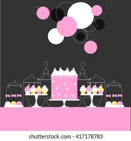 Wedding dessert bar . Birthday sweet table. Candy Buffet. Pink colors. Vector illustration.