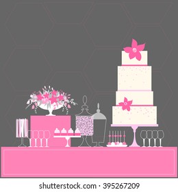 Wedding dessert bar with cake. Birthday sweet table. Candy Buffet. Pink colours. Vector illustration.