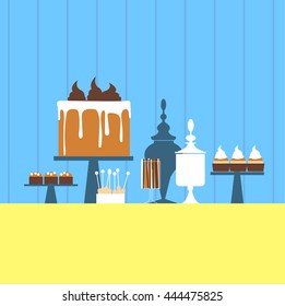 Wedding dessert bar with cake. Birthday sweet table. Candy Buffet.  Vector illustration.