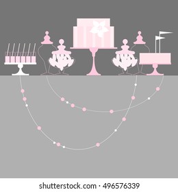Wedding dessert bar with cake. Birthday sweet table. Candy Buffet. Pink colors. Vector illustration.