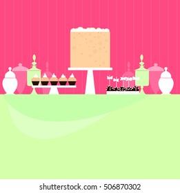 Wedding dessert bar with cake. Birthday sweet table. Candy Buffet. Pink colors. Vector illustration.