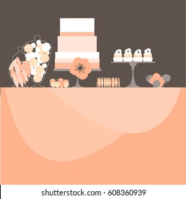 Wedding dessert bar with cake. Birthday sweet table. Candy Buffet. Pink colors. Vector illustration.