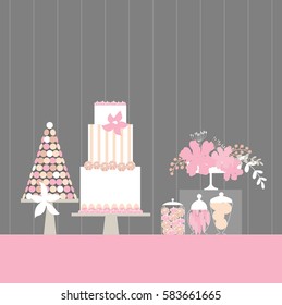 Wedding dessert bar with cake and flowers. Sweet table. Candy Buffet.  Vector illustration