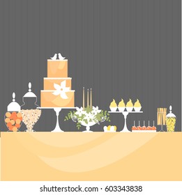 Wedding dessert bar with cake and flowers. Sweet table. Candy Buffet.  Vector illustration.