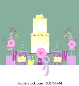 Wedding dessert bar with cake and flowers. Sweet table. Candy Buffet.  Vector illustration.