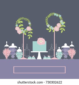 Wedding dessert bar with cake and flowers. Sweet table. Candy Buffet.  Vector illustration.